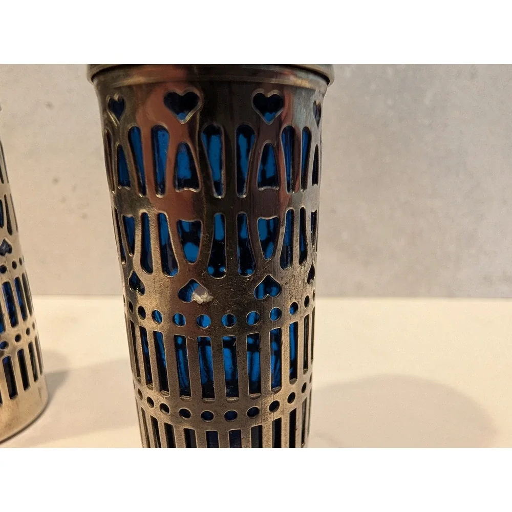 Vintage Cobalt Blue Glass Silver Plated Filigree Salt & Pepper Shakers Hong Kong